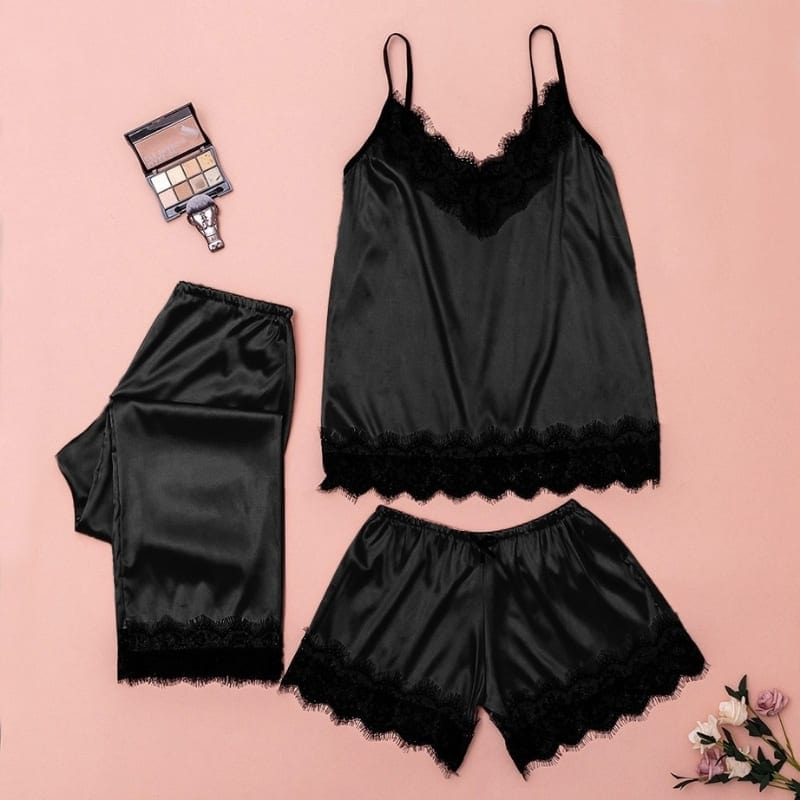 Womens Black Satin Pajama Set