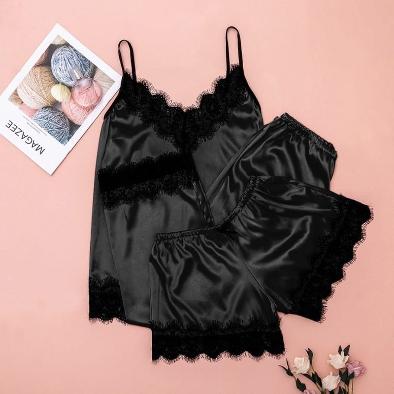 Womens Black Satin Pajama Set